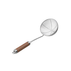 A metal skimmer with a wooden handle, used for straining food or removing items from hot liquids.
