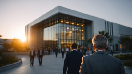 Experienced Professional at Sunset Outside Modern Office Businessmen Walking Toward the Workplace During Golden Hour Corporate Landscape Modern Business Scene