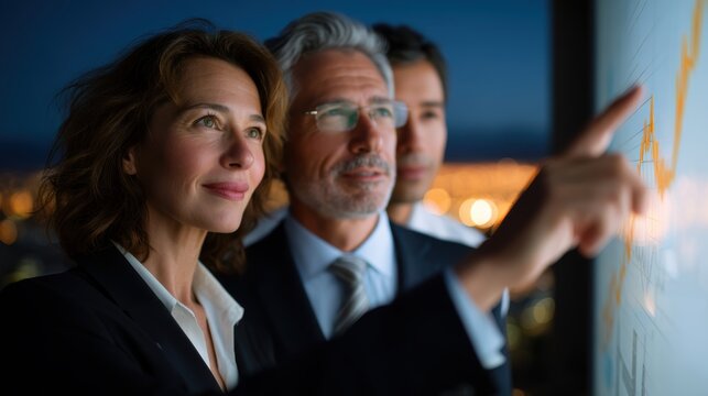 Business team analyzes financial charts for investment strategy on a large screen at night focusing on data analytics in a modern corporate environment