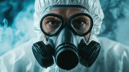 This striking image captures a figure in a gas mask and protective suit, set against a smoky background, evoking a sense of danger and isolation in extreme environments.