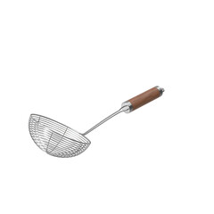 A metal skimmer with a wooden handle, used for frying or draining food.