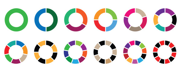 Pie chart infographic design. Circle diagram, Colorful diagram collection with, 1 to 12 sections. Circle division infographic icon set. Flat process cycle. Progress sectors.