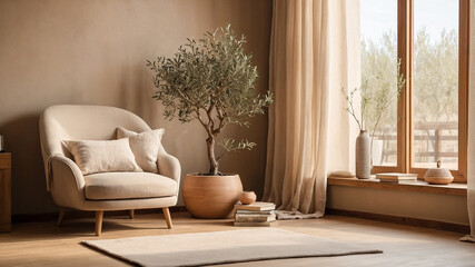 Cozy reading nook with Japandi-rustic fusion style