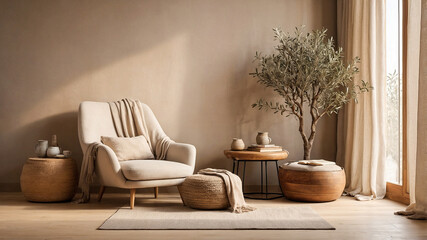 Cozy reading nook with Japandi-rustic fusion style