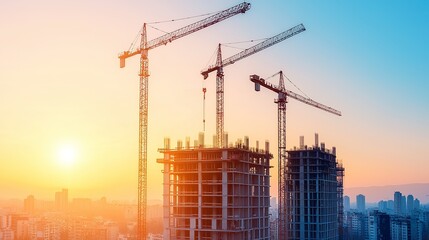 Construction site with a sunset, warm golden light illuminating the building's facade, a large building under construction, clear blue sky with orange hues