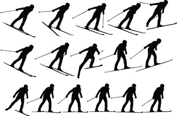 Silhouette sequence of cross-country skier in motion, winter sports athlete on skis with poles, vector illustration of ski movement for sport activity design and animation