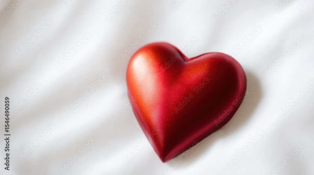 Poster glossy red heart-shaped object with smooth reflective surface and gradient hues rests on soft white 