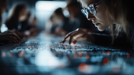 A woman with glasses intensely analyzing a digital display filled with data and graphics, representing concentration, the future of technology, and analytical thinking.