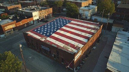 An american flag is on the roof of a building
