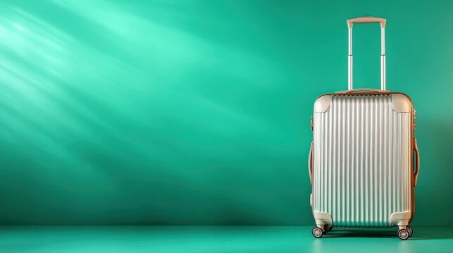 A minimalist image of stylish silver luggage stands out against a serene turquoise background, highlighting travel and adventure in an elegant and refined manner.
