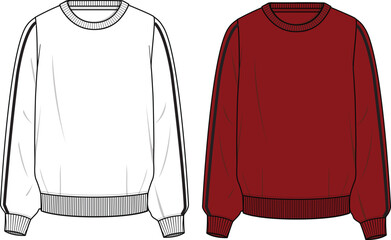 Regular Fit, Unisex Basic Sweatshirt. Technical fashion sweatshirt illustration. Flat apparel sweat template front, white and red colors. Unisex CAD mock-up.