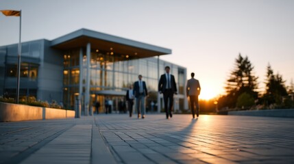 Fototapeta premium Blurred Businessmen Stride Towards Modern Office at Sunset Symbolizing Corporate Ambition and Success in the Golden Light of a Thriving Business District
