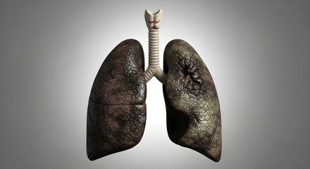 Damaged human lungs from smoking tobacco effects respiratory disease medical illustration showing unhealthy dark lung tissue healthcare warning concept gray background