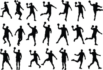 Comprehensive vector set of black silhouettes featuring professional male and female handball players in motion, perfect for tournament posters and sports event graphics.