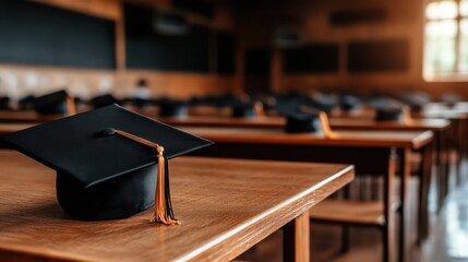 A graduation cap sits proudly on a desk in an empty classroom, symbolizing achievement and new beginnings for students and their futures.