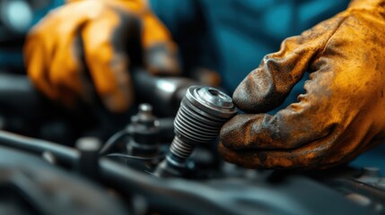 A mechanic skillfully working on an engine while wearing dirty gloves, exemplifying dedication, hard work, and the gritty reality of automotive repair in a hands-on profession.