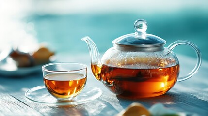 A beautifully arranged glass teapot filled with warm tea next to a matching cup, set against a serene background, conveying relaxation and a peaceful atmosphere for tea lovers.