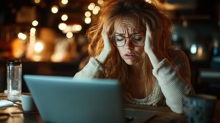 A woman struggles with stress while working late at her laptop, showcasing the emotional challenges of modern life and the conflict between work and personal well-being.