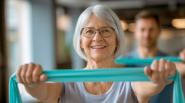 Senior woman doing physical therapy exercises with resistance band