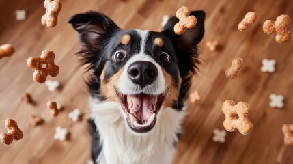 An ecstatic dog with playful energy, happily surrounded by flying treats, capturing the pure joy of pets in a lively indoor setting filled with excitement and love.