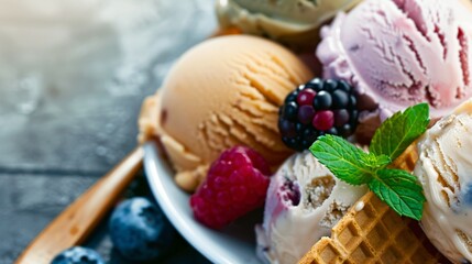 Delicious,mouthwatering ice cream sundae with rich textures and vibrant colors, served in a glass bowl with creamy layers and topped with colorful sprinkles, under soft ambient lighting,marketing,Ads
