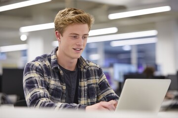 A young male professional working on a laptop at a desk in a modern office setting.
