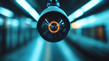 A striking close-up of a security camera lens in a subway station, symbolizing surveillance and safety in urban environments, showcasing an industrial aesthetic.