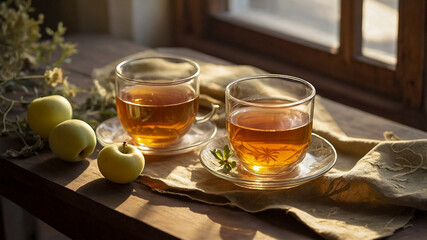 a warm herbal tea setup during the evening golden hour. Includes a clear glass teacup with herbal tea, a small plate with sliced apple and grapes, and a fabric napkin on a rustic wooden table