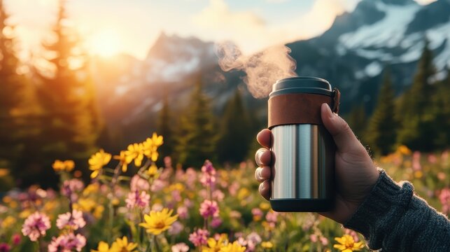 A hand holding a steaming thermos while surrounded by vibrant wildflowers, capturing the essence of a peaceful morning in nature amidst stunning mountainous scenery.