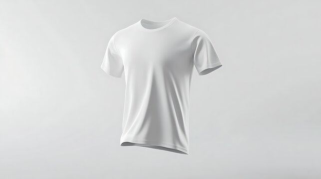 virtual try-on 3D T-shirt mockup, floating T-shirt on invisible mannequin, clean white background, soft lighting, minimal shadow, modern and clean design showcase.