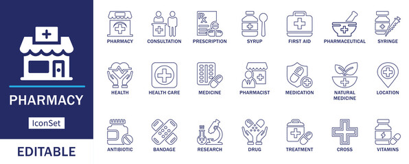 Pharmacy line icon set. Featuring prescription, consultation, medicine, drug, health care, pharmacist, vitamins, treatment, and medical elements. Clean and editable vector icons.
