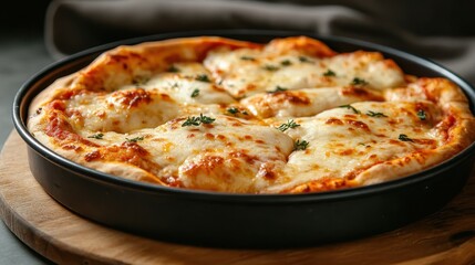 This image showcases a delicious, cheesy pizza, baked to perfection and topped with fresh herbs, making it ideal for food lovers and gourmet enthusiasts alike.