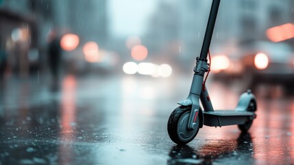A futuristic electric scooter stands alone on a rainy urban street, embodying modern transportation and mobility in the context of urban lifestyle challenges and innovations.