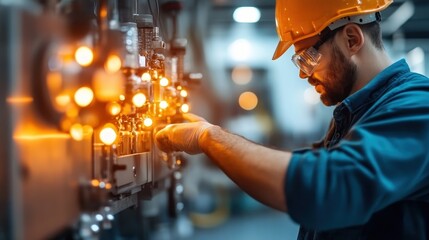 A technician interacts with machinery, precisely adjusting settings on an illuminated control panel in an industrial environment, showcasing technical expertise and skill.