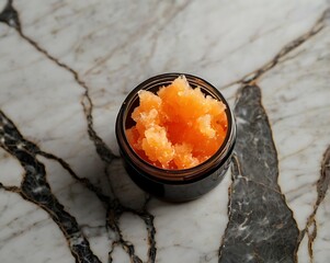 Invigorating Orange Scrub in Sleek Jar Displaying Natural Ingredients and Luxurious Texture on Marble Surface