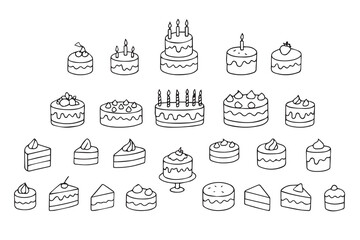 Hand drawn cakes, cupcakes. Doodle style. Designs for International Cake Day and Birthday. Vector illustration