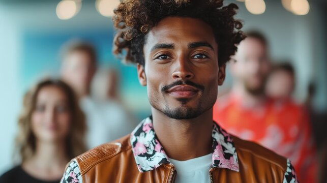 A confident and stylish man poses in a casual setting, exhibiting charisma and charm while the blurred background accentuates the engaging social environment.