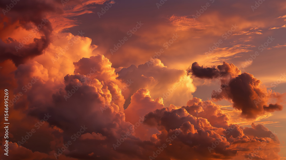 Poster dramatic sky filled with vibrant, cotton like clouds is illuminated by warm glow of setting sun, cre