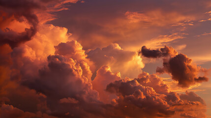 Naklejka premium Dramatic sky filled with vibrant, cotton like clouds is illuminated by warm glow of setting sun, creating breathtaking and serene atmosphere