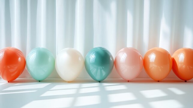 A beautiful display of balloons in pastel colors arranged against a soft backdrop, showcasing a delightful and cheerful atmosphere suitable for celebrations.