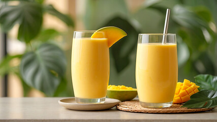 Tropical minimalist mango smoothie in a frosted glass with a paper straw, placed on a wooden table, and a single mango slice on a ceramic plate