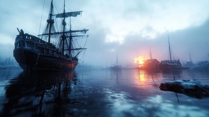 Fototapeta premium A ghostly ship looms in the misty harbor at dawn, surrounded by calm waters and a backdrop of an emerging sunrise, creating a mesmerizing atmospheric scene.