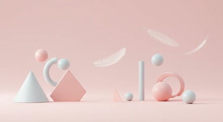 Geometric shapes floating feathers