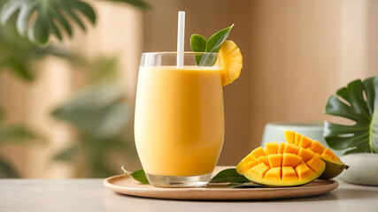 Tropical minimalist mango smoothie in a frosted glass with a paper straw, placed on a wooden table, and a single mango slice on a ceramic plate