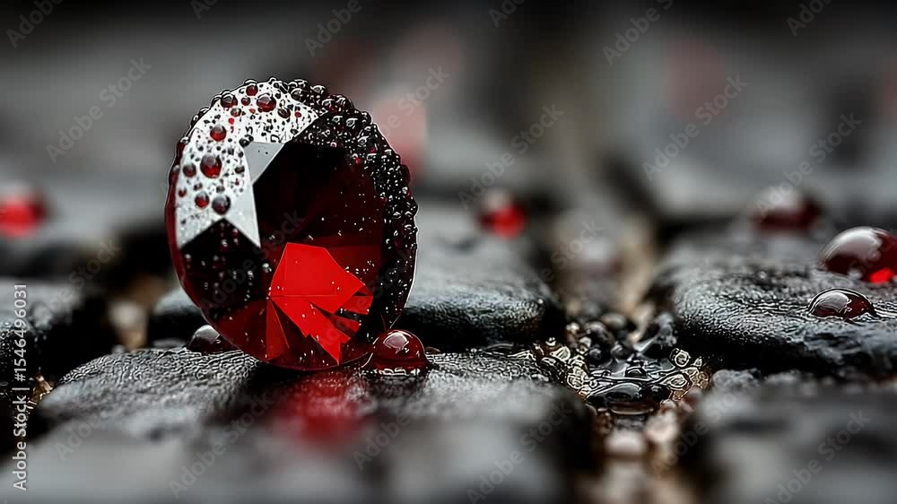 Poster sparkling ruby: close-up of a gemstone with water droplets on a textured surface