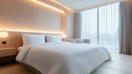 Obraz premium A serene hotel room featuring a minimalist design with soft lighting and ample natural light, creating a peaceful environment perfect for relaxation and comfort.