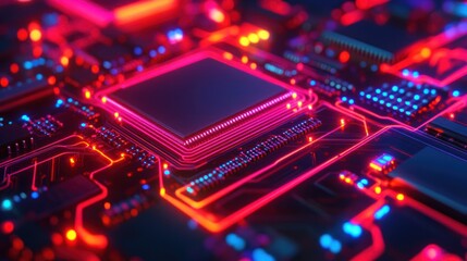 Close-up of glowing circuit board with central processor
