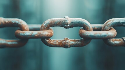A close-up image of a rusty metal chain emphasizes the textures and tones, capturing the essence of time and decay against a softly blurred background, evoking thoughts of connection and strength.