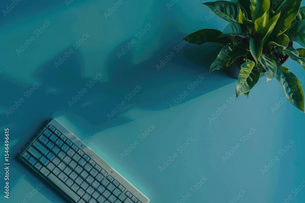 Poster high resolution of a desk with a keyboard and a plant on it