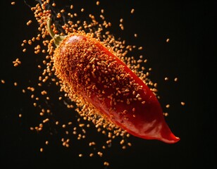 Fiery Spice: A close-up image of a vibrant red chili pepper, generously coated in a cascade of tiny seeds, epitomizes the intensity of spice and flavor.  Ai generated image